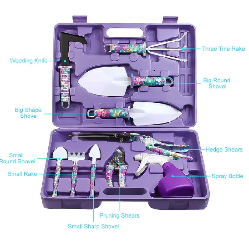 Jhua Garden Tool Set | 10 Pieces Gardening Tools Kit with Purple Flower Print