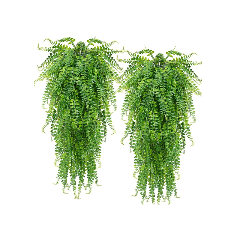 CLONG Artificial Hanging Ferns | Vine Plants | Fake Ivy | Boston Fern | For Outdoor Use UV Resistant 2 Pieces Color Green