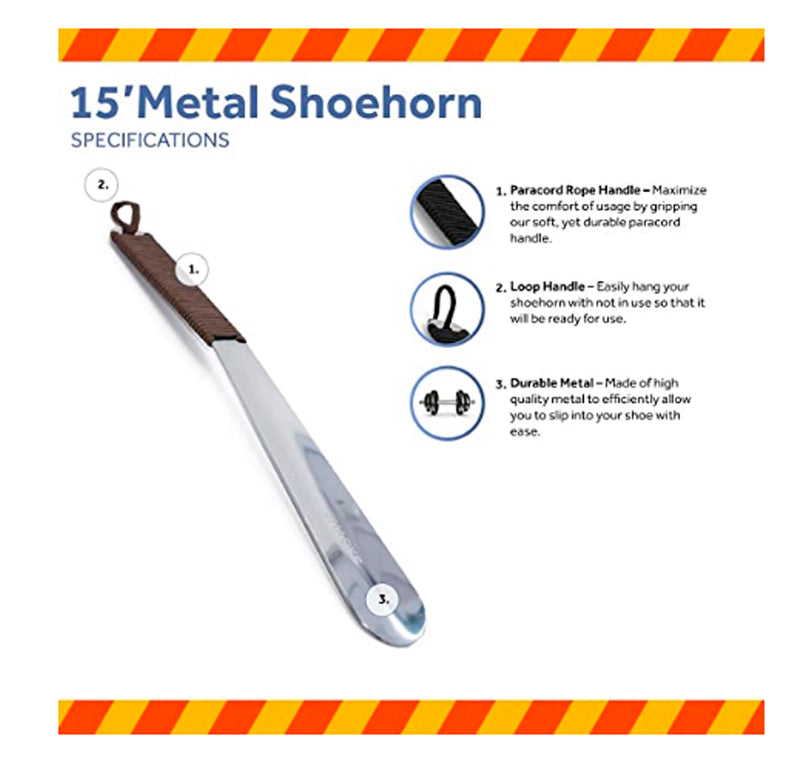 15" Stainless Steel Shoehorn with Paracord Handle Color Dark Brown