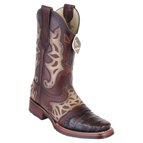 Men's King Exotic Caiman Belly Boots With Saddle Vamp Handmade Burnished Brown