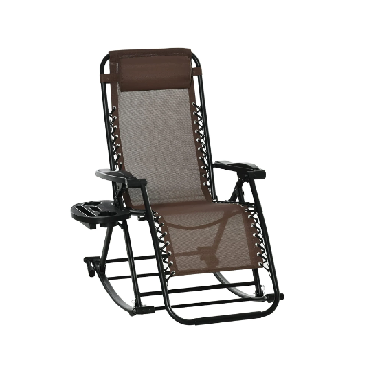 Outsunny Outdoor Rocking Chairs Zero Gravity Rocking Chair w/Removable Headrest Side Tray Cup & Phone Holder