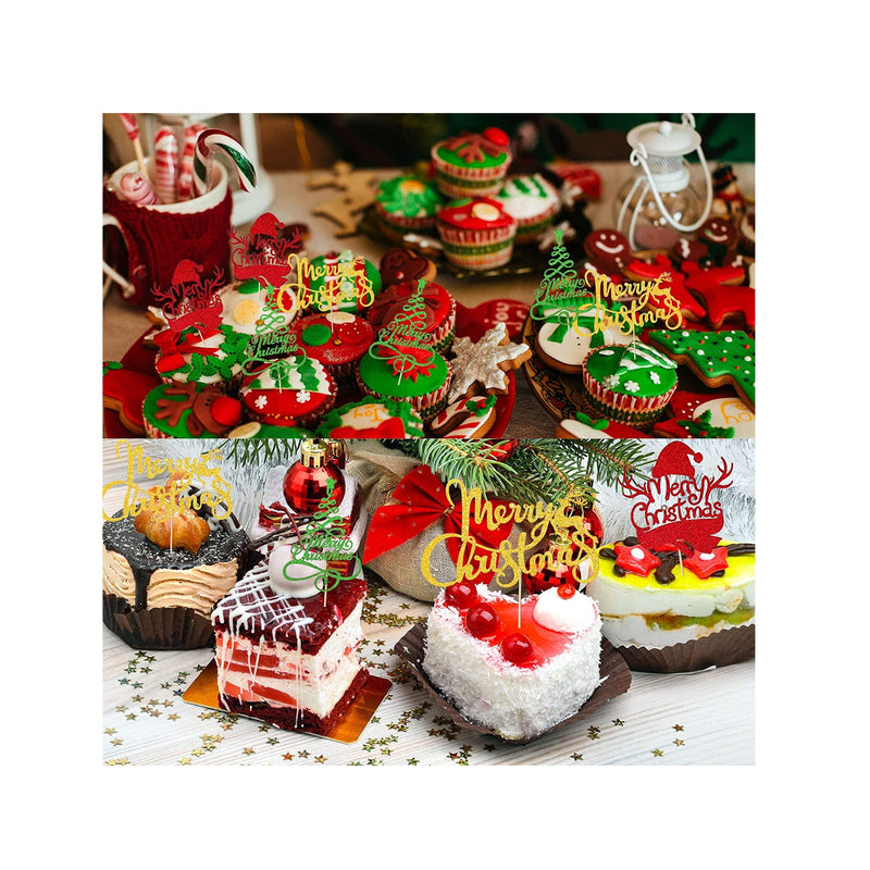 Whaline 48Pcs Christmas Cupcake Toppers 3 Design Glittery Cake Topper Xmas Tree Snowman Merry Christmas