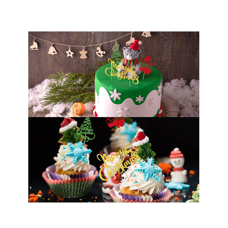 Whaline 48Pcs Christmas Cupcake Toppers 3 Design Glittery Cake Topper Xmas Tree Snowman Merry Christmas