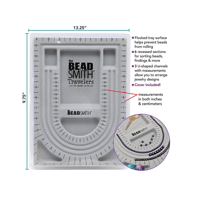 The Beadsmith Bead Board with Cover, Grey Flocked | 3 U-Shaped Channels | 6 Recessed Compartments | 9.75 x 13.25 inches | Design Boards