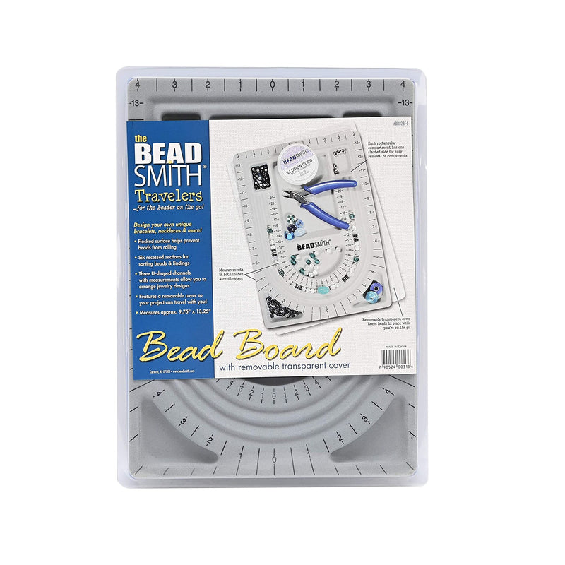 The Beadsmith Bead Board with Cover, Grey Flocked | 3 U-Shaped Channels | 6 Recessed Compartments | 9.75 x 13.25 inches | Design Boards