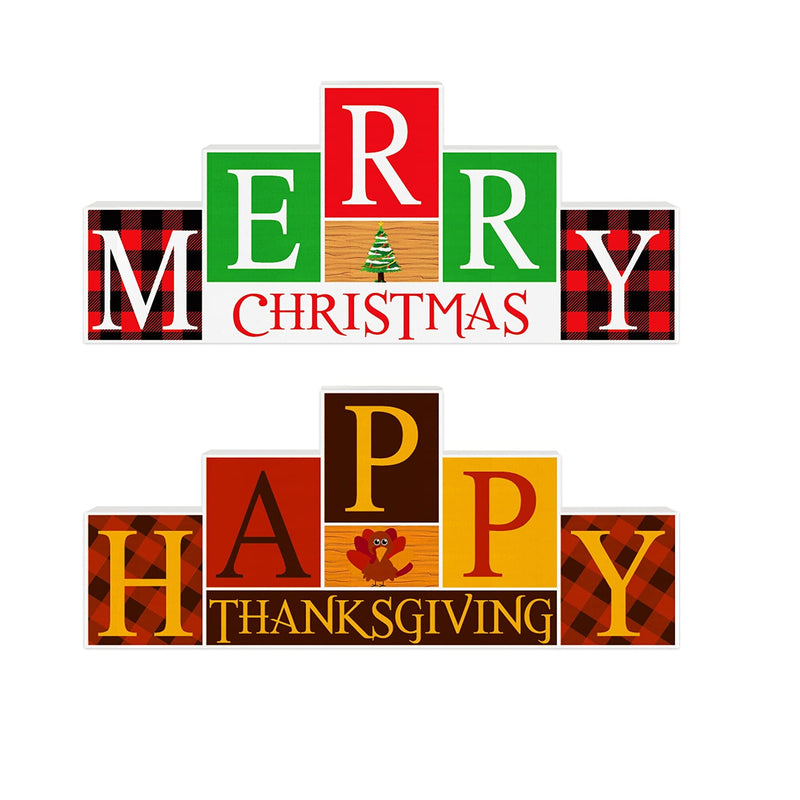 Happy Thanksgiving/Merry Christmas Decorations Wooden Sign | Reversible Table Decor