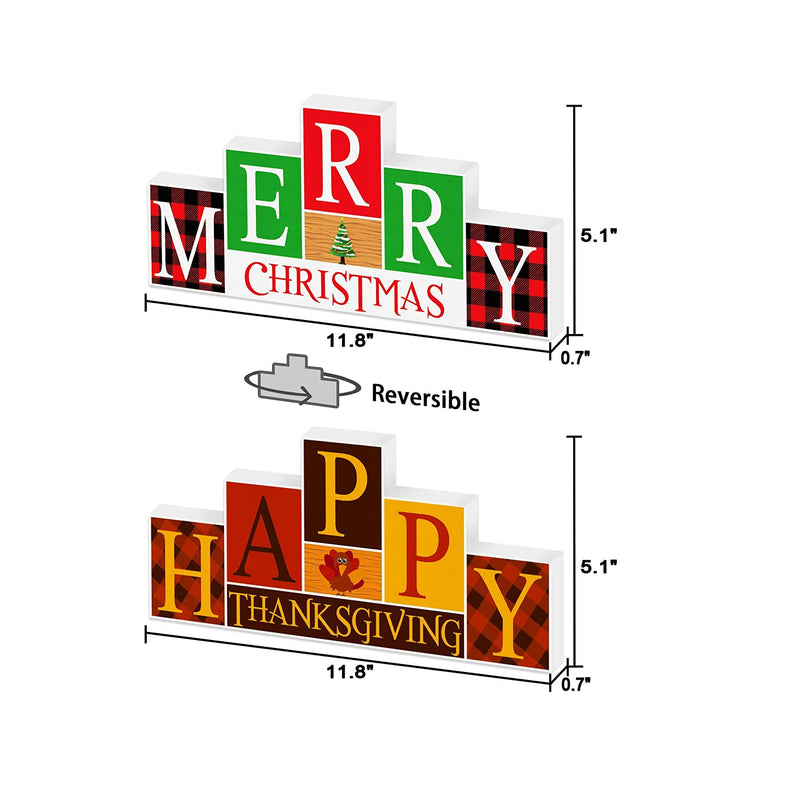 Happy Thanksgiving/Merry Christmas Decorations Wooden Sign | Reversible Table Decor