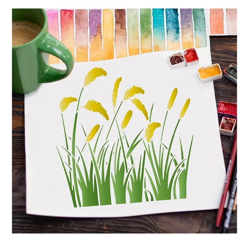 1 Reed Grass Stencil | 11.8 x 11.8 Inches | Reusable Cattail Leaf Stencils