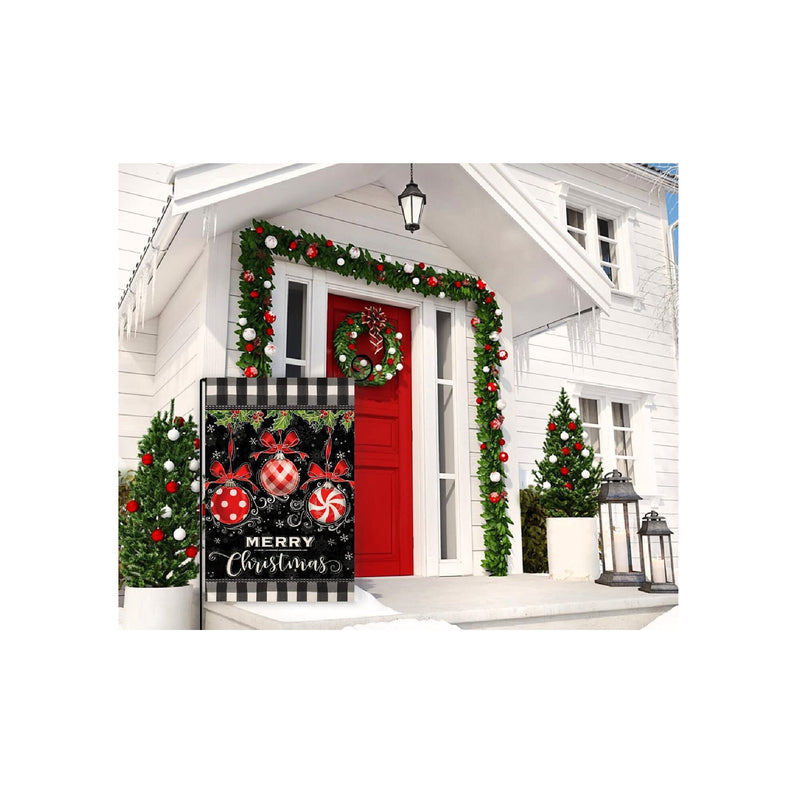 BLKWHT Merry Christmas Ball Small Garden Flag 12x18 Inch Vertical Double Sided Red Black Winter Holiday Outdoor