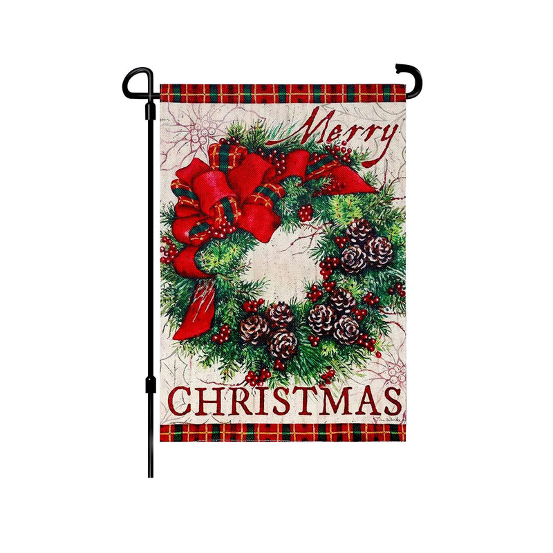 LUTER 12x18inch Merry Christmas Garden Garland Flag, Double Sided Burlap Plaid Edge Decorative Wreath Buffalo Burlap Garden