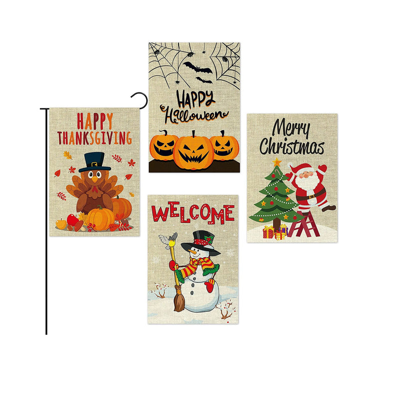 WATINC 4Pcs Garden Flags Happy Halloween Thanksgiving Welcome Winter Merry Christmas Holiday Decorations Pumpkins Turkey Santa Snowman