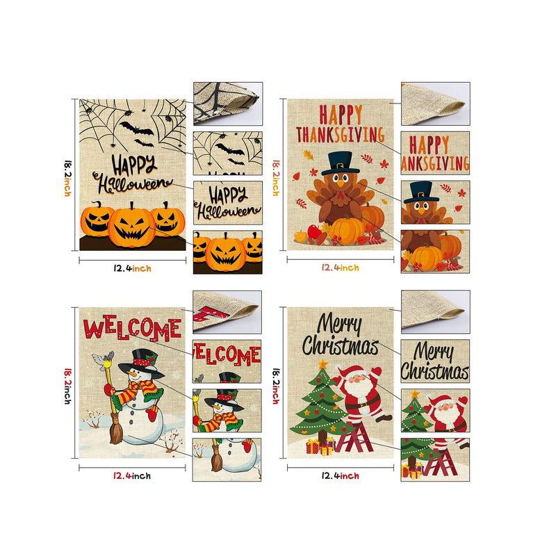 WATINC 4Pcs Garden Flags Happy Halloween Thanksgiving Welcome Winter Merry Christmas Holiday Decorations Pumpkins Turkey Santa Snowman