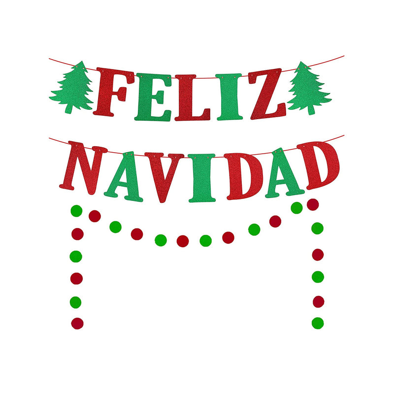 Feliz Navidad Banner Christmas | Red Green Glitter Mexican Spanish Christmas Banner | Christmas Garland | Feliz Navidad Decorations for Home