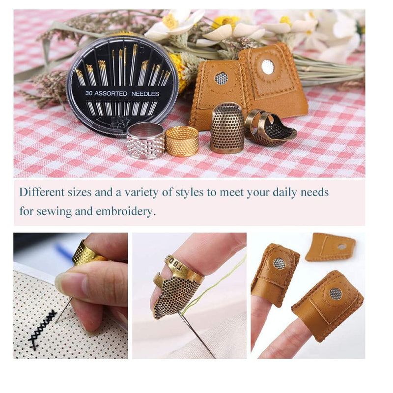 8 Sewing Thimbles + 30 Sewing Needles | Finger Protector | Metallic Bronze Adjustable Thimble