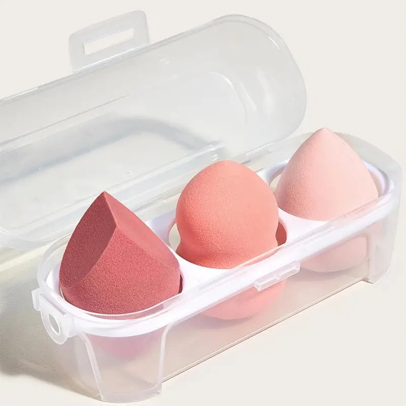 3 Pcs Premium Makeup Sponge With Transparent Box Makeup Puff Beauty Foundation Blend Sponge Pink Professional Makeup Tool