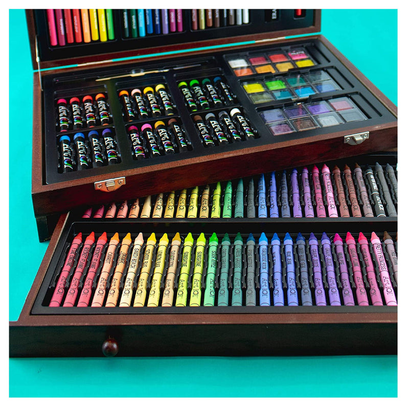 Art 101 Doodle and Color 142 Pc Art Set in a Wood Carrying Case, Includes  24 Premium Colored Pencils, A variety of coloring and painting mediums:  crayons, oil pastels, watercolors; Portable Art