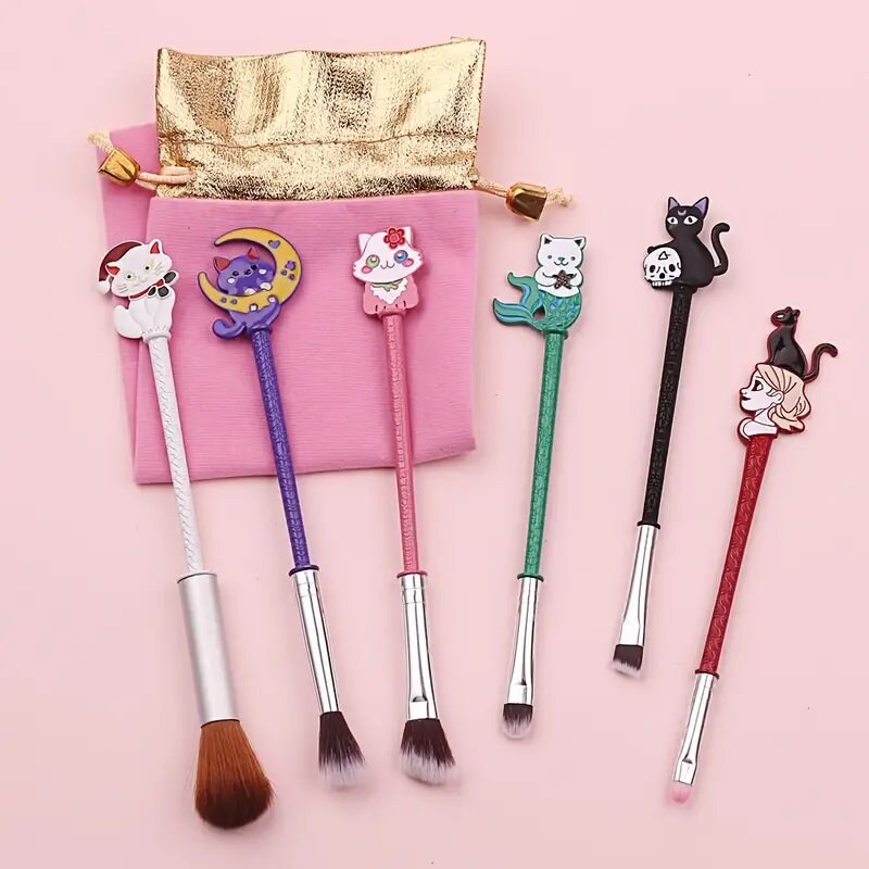 6pcs Cute Cat Makeup Brushes Set Powder Eyeshadow Brush Kawaii Brush Synthetic Fiber Hair Beauty Tool Kit Gift For Women Wife Girls