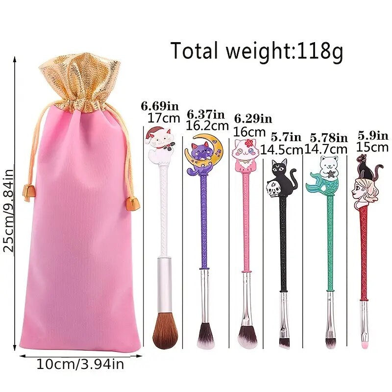 6pcs Cute Cat Makeup Brushes Set Powder Eyeshadow Brush Kawaii Brush Synthetic Fiber Hair Beauty Tool Kit Gift For Women Wife Girls