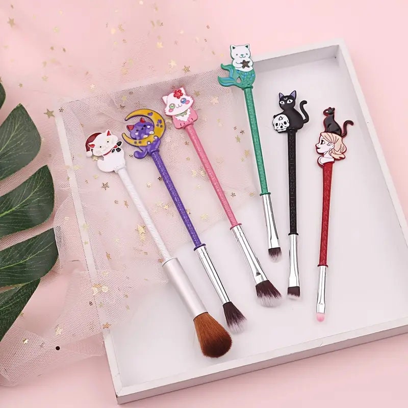 6pcs Cute Cat Makeup Brushes Set Powder Eyeshadow Brush Kawaii Brush Synthetic Fiber Hair Beauty Tool Kit Gift For Women Wife Girls