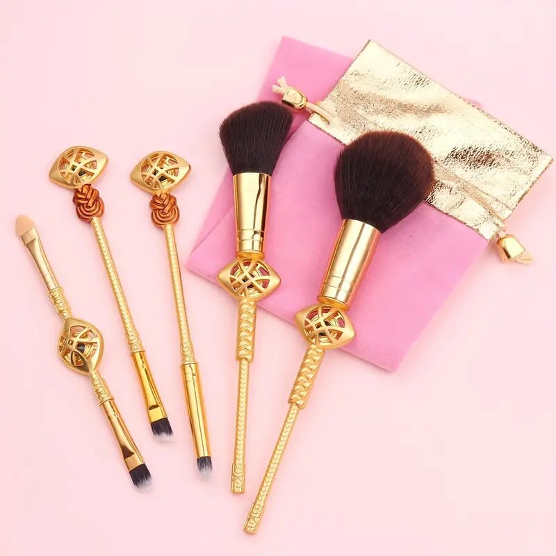 Makeup Brushes Set | 5pcs Cosmetic Makeup Brush Set Professional Tool Kit Set Drawstring Bag Included | Gold