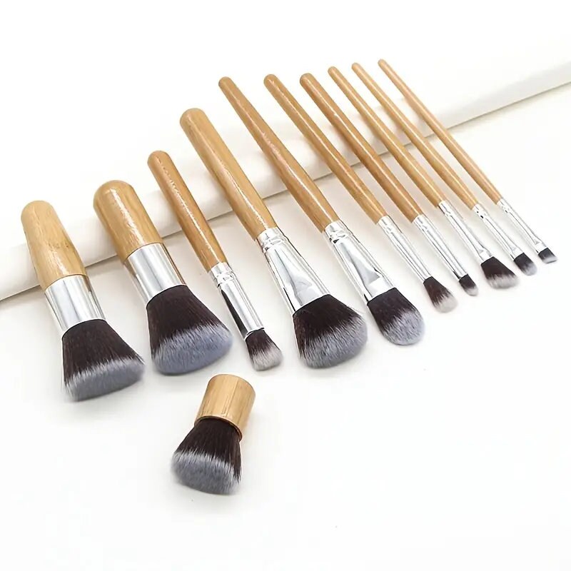 11PCS Professional Bamboo Makeup Brushes Set Eyeshadow Foundation Blusher Brush Kits Soft