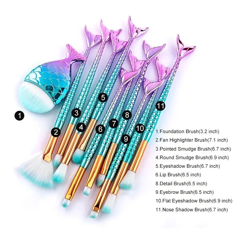 11pcs Makeup Brushes Kit Mermaid Foundation Eyebrow Eyeliner Cosmetic Makeup