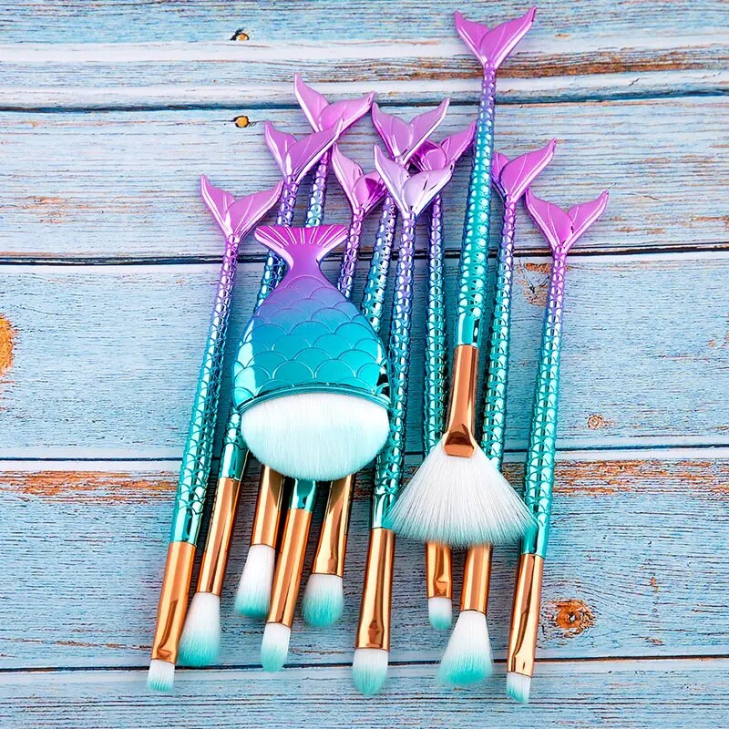 11pcs Makeup Brushes Kit Mermaid Foundation Eyebrow Eyeliner Cosmetic Makeup