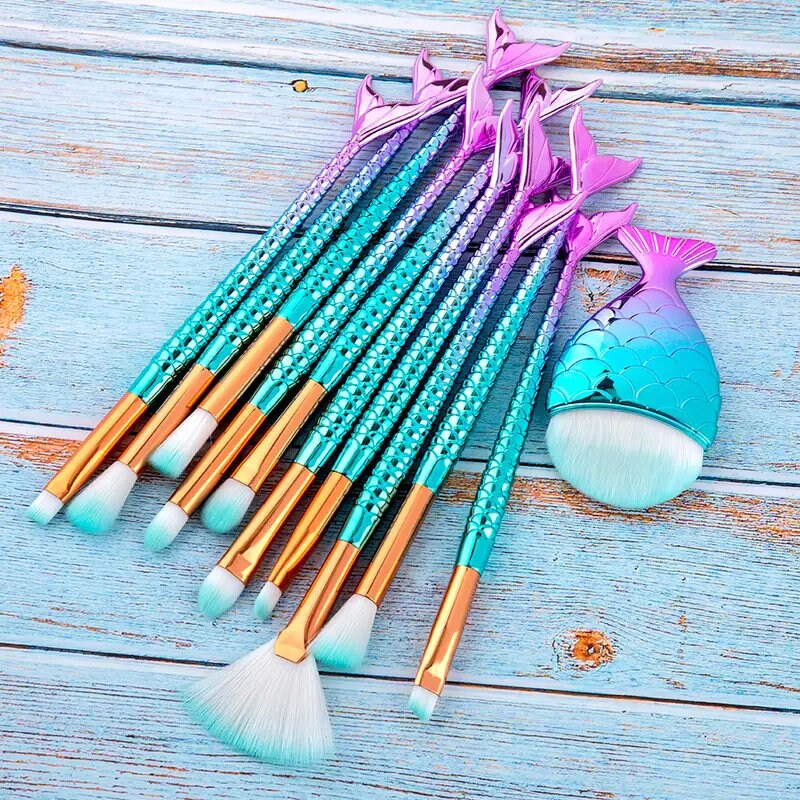 11pcs Makeup Brushes Kit Mermaid Foundation Eyebrow Eyeliner Cosmetic Makeup