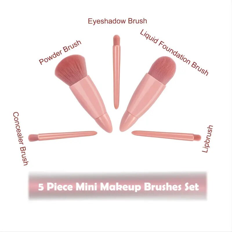 Easy-taken Travel Makeup Brush Set | 5pcs Mini Complete Function Cosmetic Brushes Kit | 5pcs With Mirror