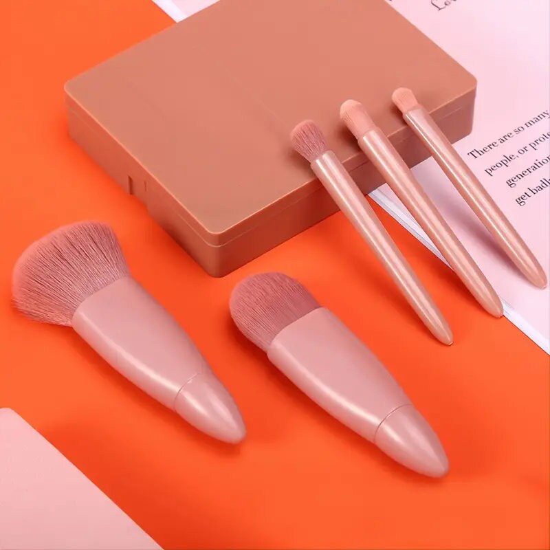 Easy-taken Travel Makeup Brush Set | 5pcs Mini Complete Function Cosmetic Brushes Kit | 5pcs With Mirror