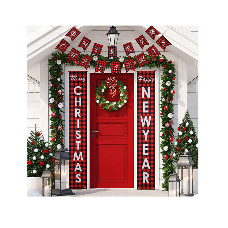 Irenare Set of 4 Checkered Christmas Banners | Merry Christmas Wall Party