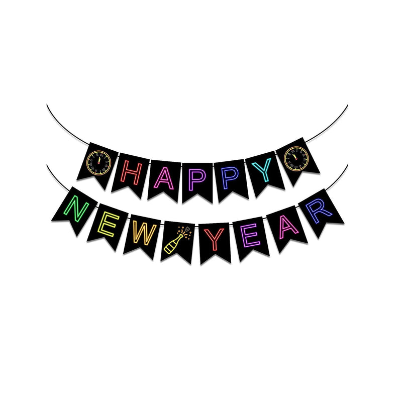 Happy New Year Glow Banner | Black Colorful Neon Merry Christmas Party Supplies