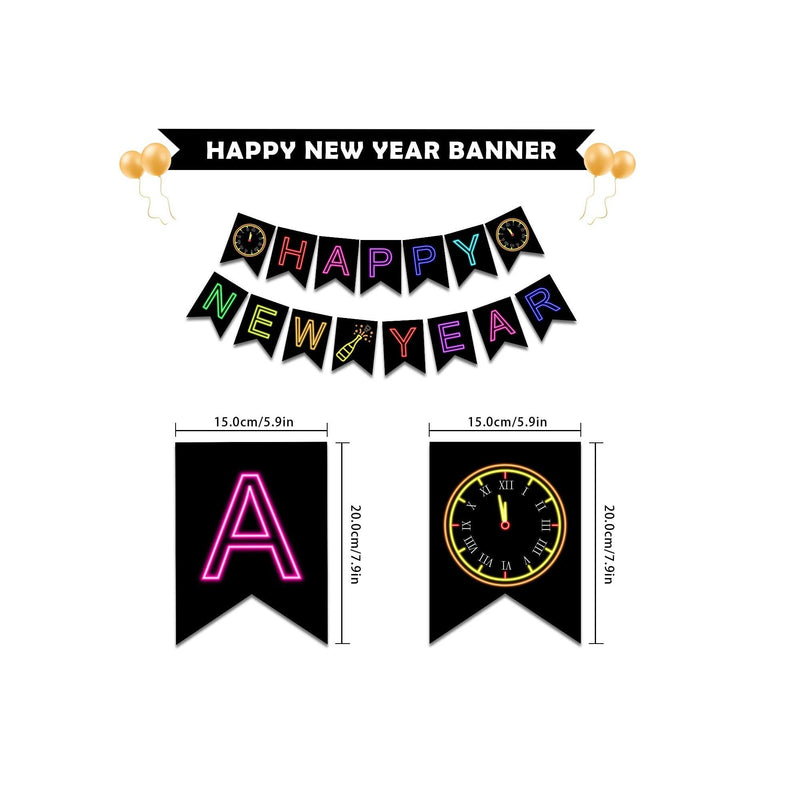 Happy New Year Glow Banner | Black Colorful Neon Merry Christmas Party Supplies