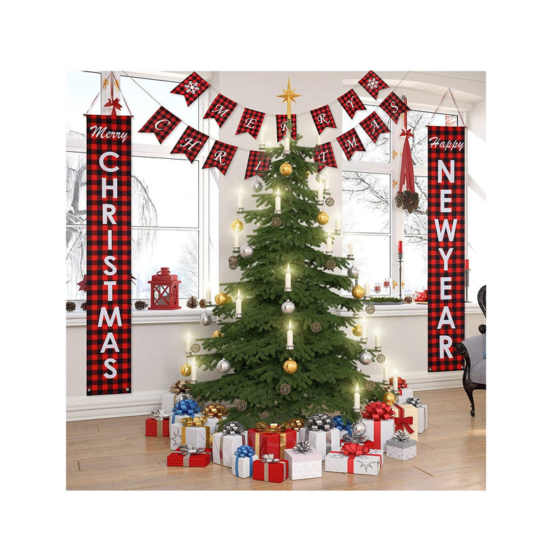 Irenare Set of 4 Checkered Christmas Banners | Merry Christmas Wall Party