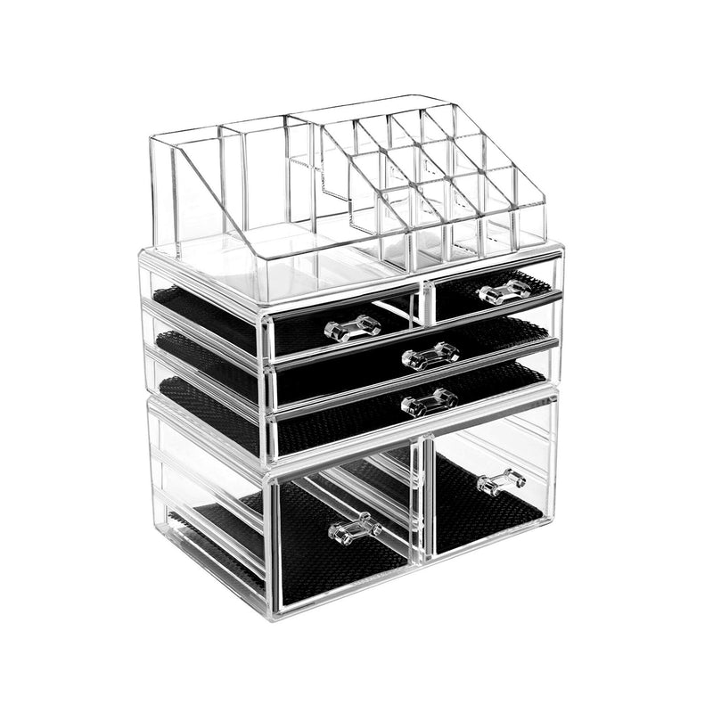 HBlife Makeup Organizer | 3 Acrylic Cosmetic Storage Drawers and Jewelry Display Box | Transparent