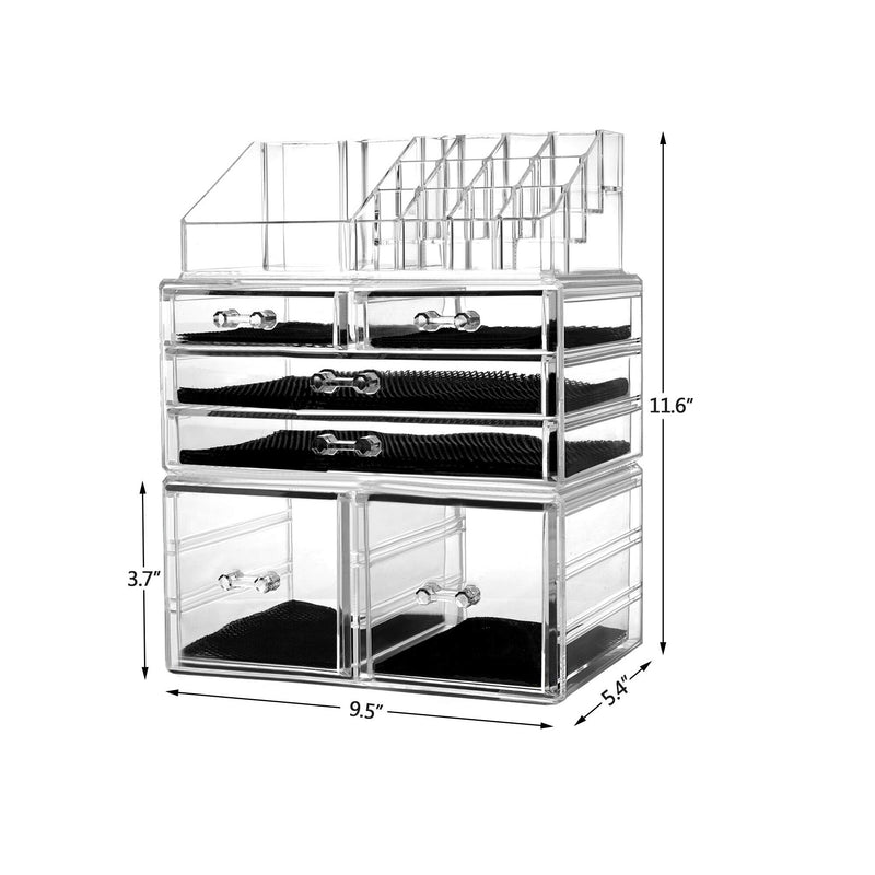 HBlife Makeup Organizer | 3 Acrylic Cosmetic Storage Drawers and Jewelry Display Box | Transparent