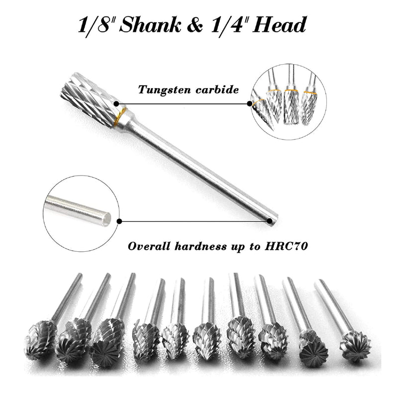 Carbide Rotary Burr Set | BIGOU 10PCS Double Cut Carving Drill Bits Tungsten Carbide 1/8" Shank