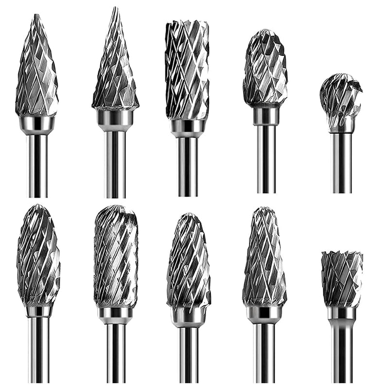 Double Cut Carbide Rotary Burr Set | 10 Pieces | 1/8" Shank | 1/4" Length Tungsten Steel