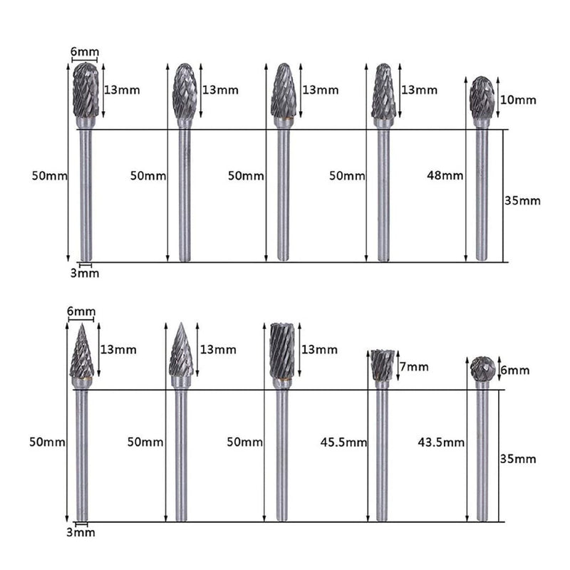 Double Cut Carbide Rotary Burr Set | 10 Pieces | 1/8" Shank | 1/4" Length Tungsten Steel