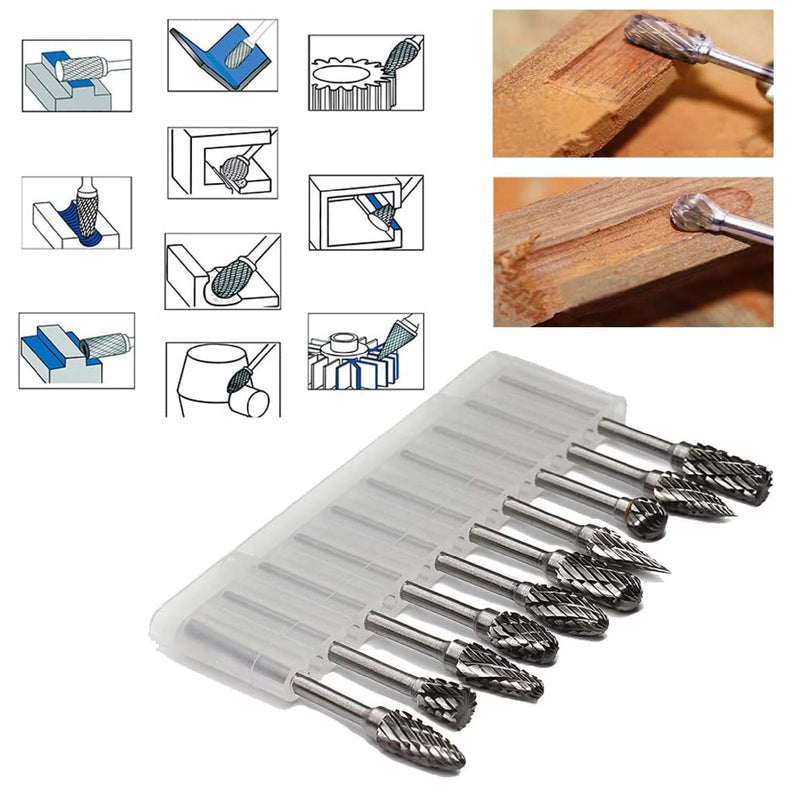 Double Cut Carbide Rotary Burr Set | 10 Pieces | 1/8" Shank | 1/4" Length Tungsten Steel