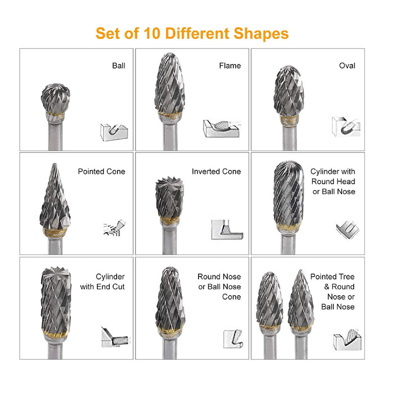 TianTac Tungsten Carbide Rotary Burr Set | 10 Pieces | Drill Bits For Carving Strawberries | With 3mm Shank