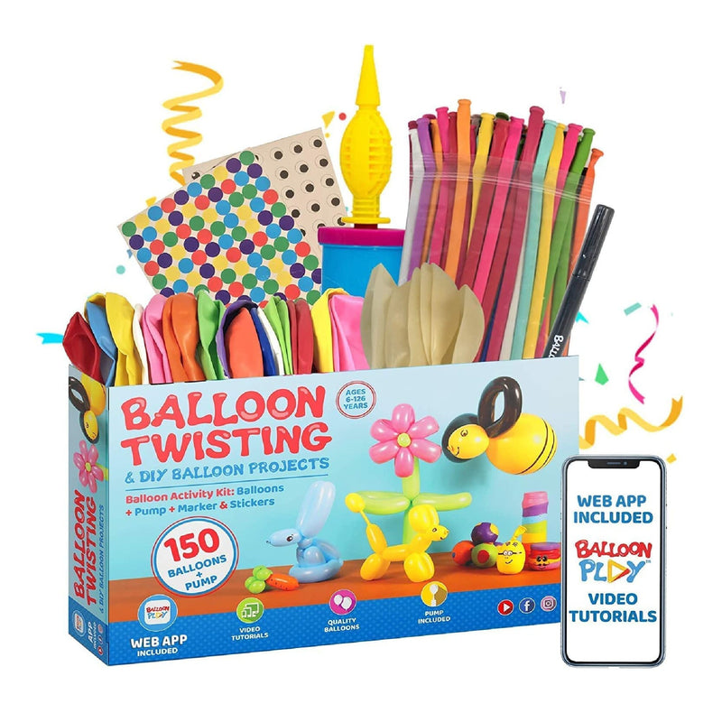 BalloonPlay Deluxe Balloon Animal Kit with Web App 150 Balloons Balloon Pump Stickers Bookmark