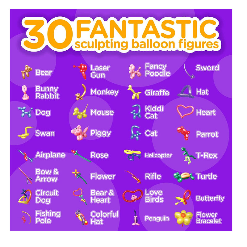 DIY Balloon Animal Kit for beginners. Twisting & Modeling balloon Kit 30 +  Sculptures,100 Balloons for balloon animals, Pump and Manual. Party Fun