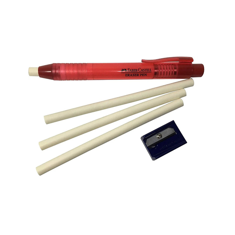 Faber-Castell Pen Mechanical Stick Retractable Eraser Set with 2 Extra Refills + 1 Sharpener | Color Red