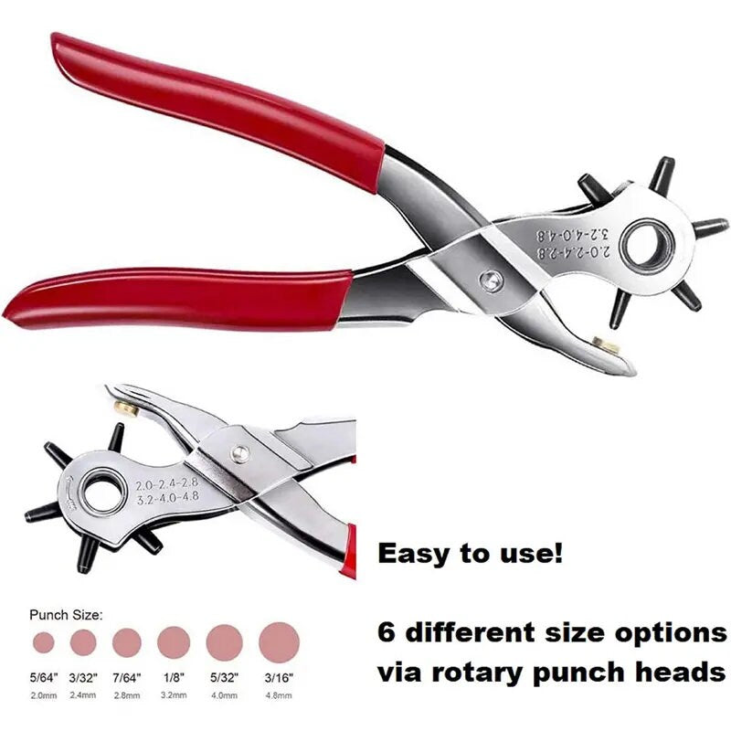 Revolving hole punch pliers for paper, plastic, leather 