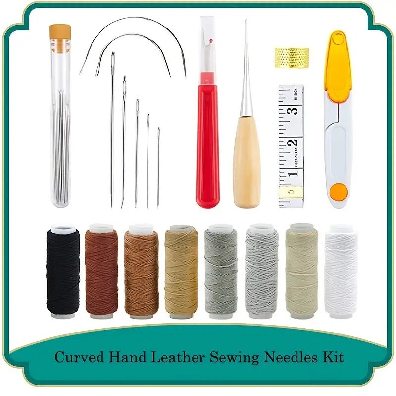 21pcs Leather Sewing Kit | Leather Sewing Upholstery Repair Kit With 8 Colors Sewing Thread Leather Sewing Needles  Awl | Scissors | Thimble