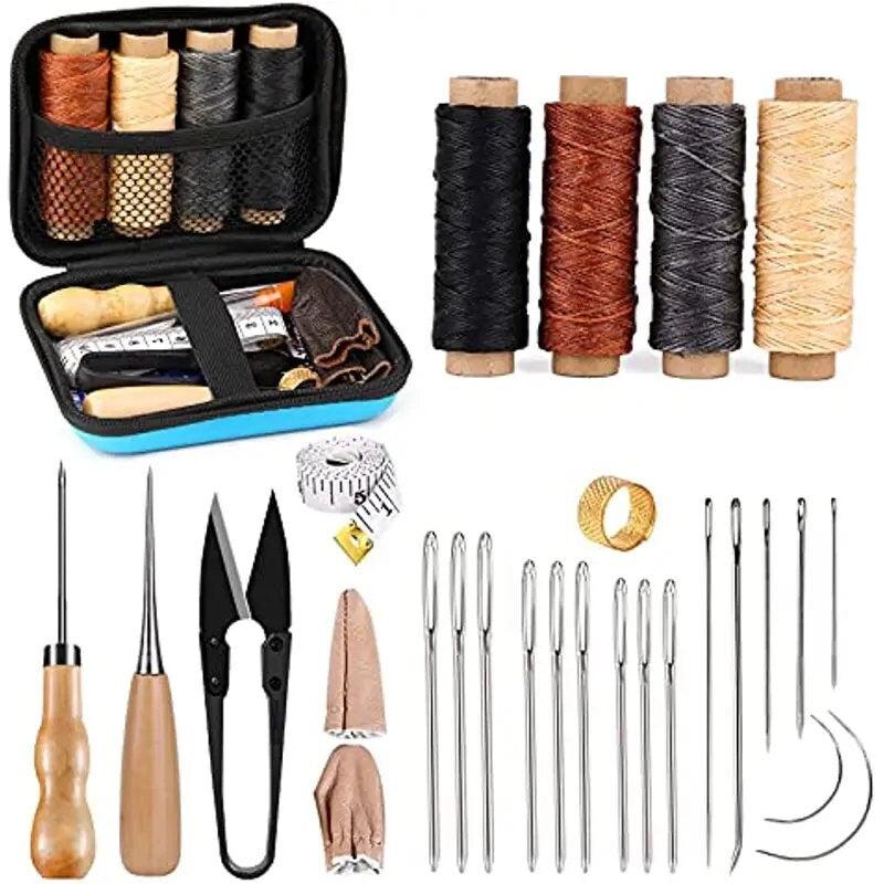 Leather Sewing Kit | Leather Working Tools and Supplies | Leather Working Kit with Large-Eye Stitching Needles | Waxed Thread