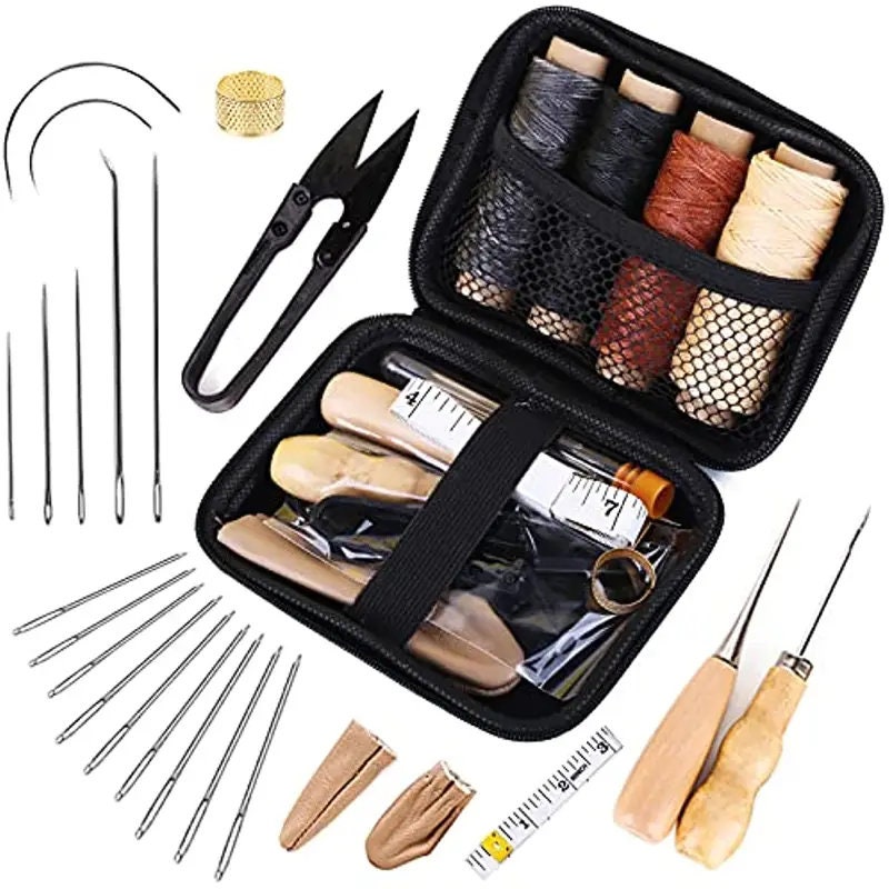 Leather Sewing Kit | Leather Working Tools and Supplies | Leather Working Kit with Large-Eye Stitching Needles | Waxed Thread