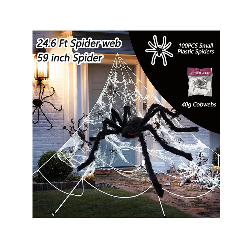 Outdoor Halloween Decorations 295'' | Halloween Spider Web Decor 59'' Scary Giant Spider 100 Small Fake Spiders