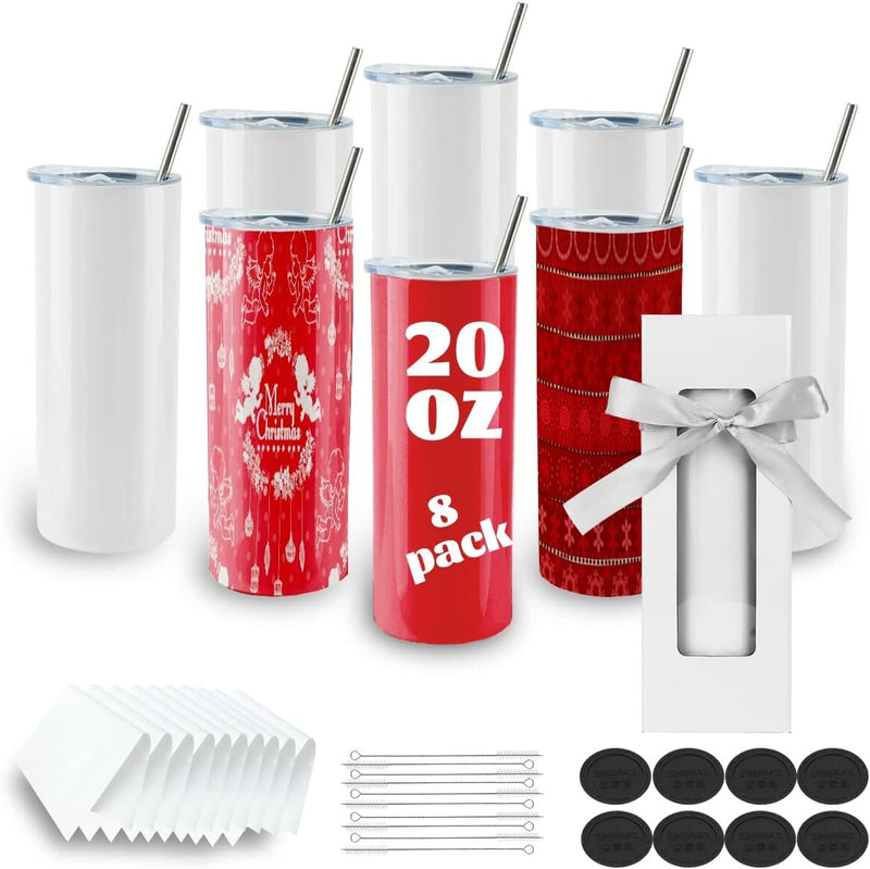 8 Pack Sublimation Tumblers bulk 20 oz Skinny | Stainless Steel Double Wall Insulated Straight Sublimation Tumbler Cups Blank White with Lid